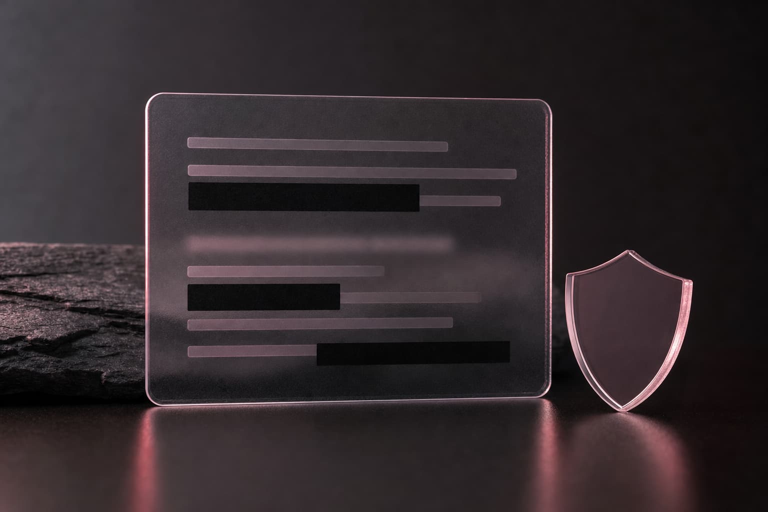Translucent message card with black redaction bars beside a glass shield
