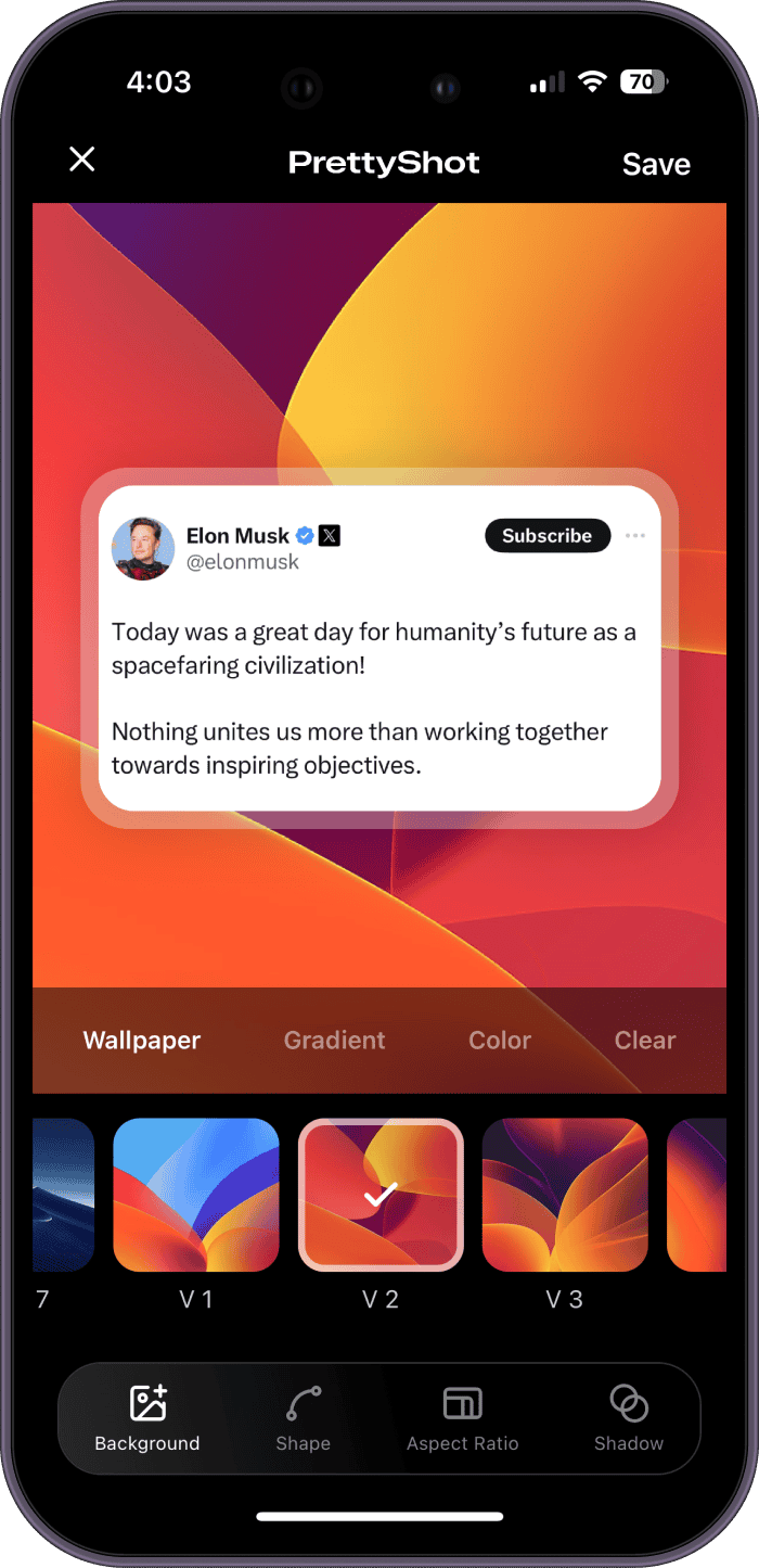 Customer testimonial screenshot framed as a colorful social post